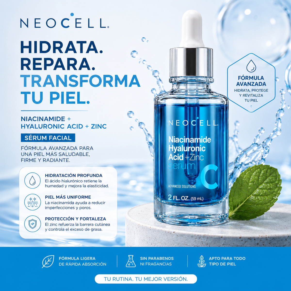 Serum Neocell con niacinamida, frasco blanco